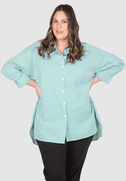 Leah Stripe Curved Hem Overshirt - green/white