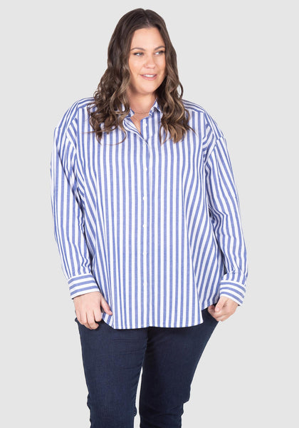 Carrie Stripe Drop Shoulder Cotton Shirt - Blue/White