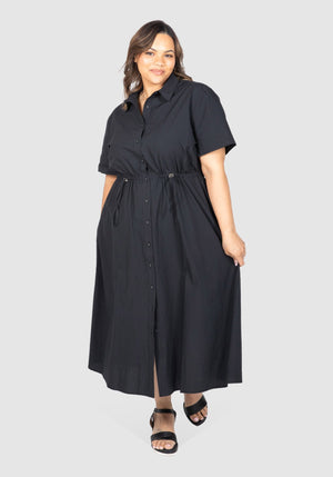 Georgia Adjustable Waist Poplin Dress - Black