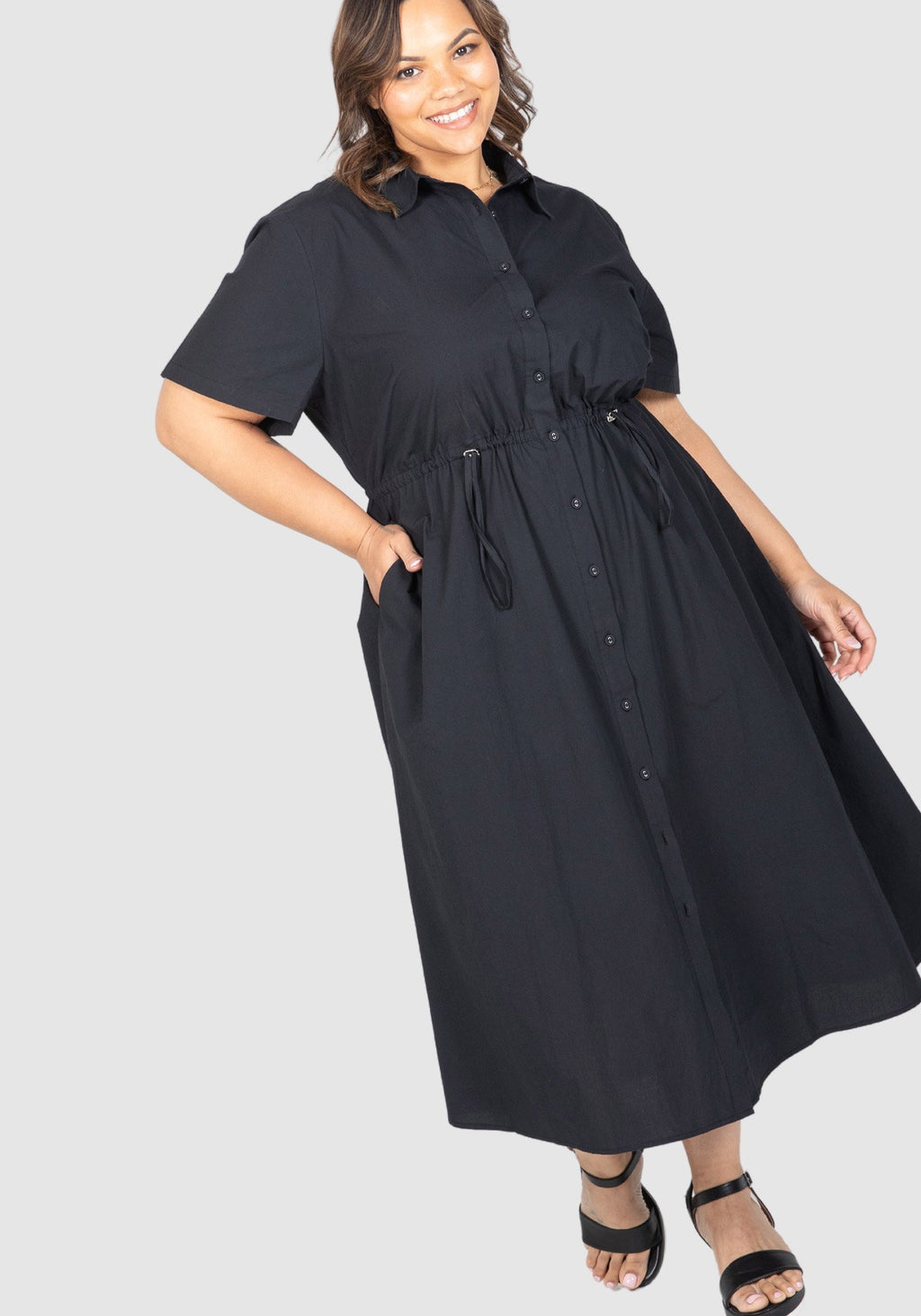 Georgia Adjustable Waist Poplin Dress - Black