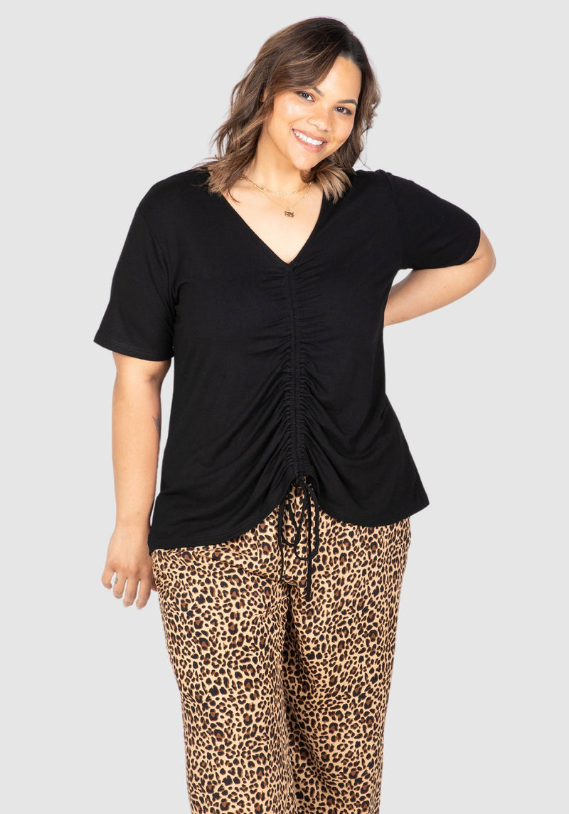 Maya Ruched Front Tee - Black