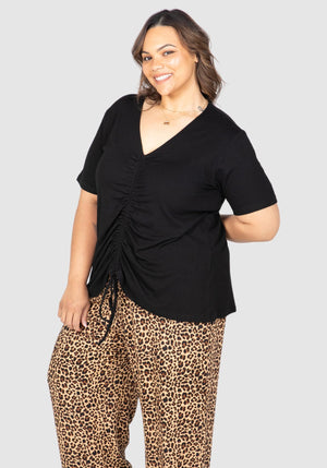 Maya Ruched Front Tee - Black