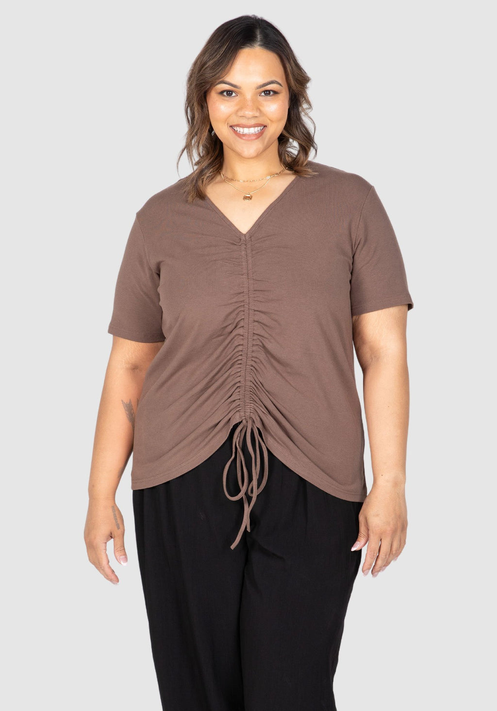 Maya Ruched Front Tee - Cocoa