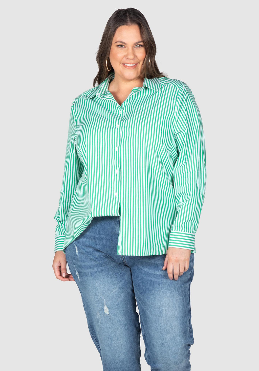 Elle Stripe Cotton Button-Up Shirt - Green/White