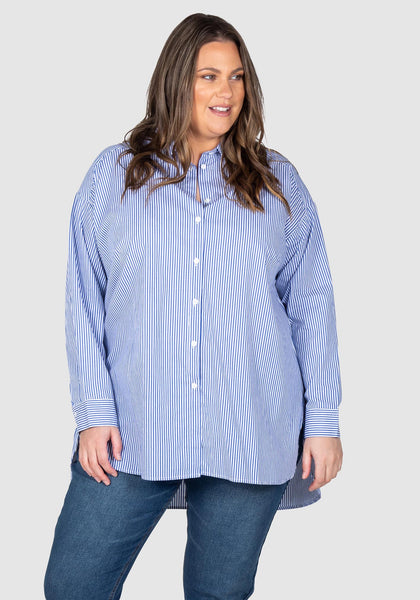 Leah Stripe Curved Hem Over Shirt - Blue/White
