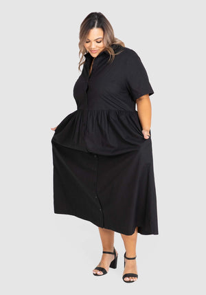 Natalie Poplin Maxi Shirt Dress  - Black