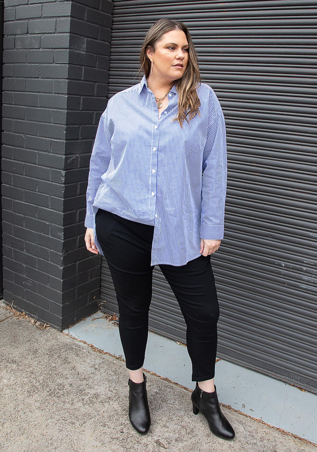 Leah Stripe Curved Hem Over Shirt - Blue/White