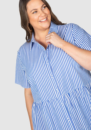 Bonnie Stripe Cotton Shirt Dress  - Blue/white