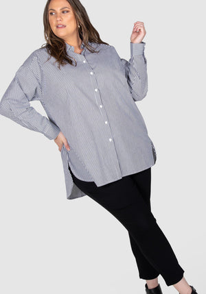 Leah Stripe Curved Hem Over Shirt - black/white
