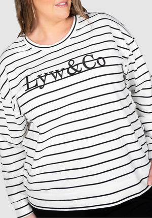 LYW & Co Stripe Embroidered Sweat Top - Ivory/Black