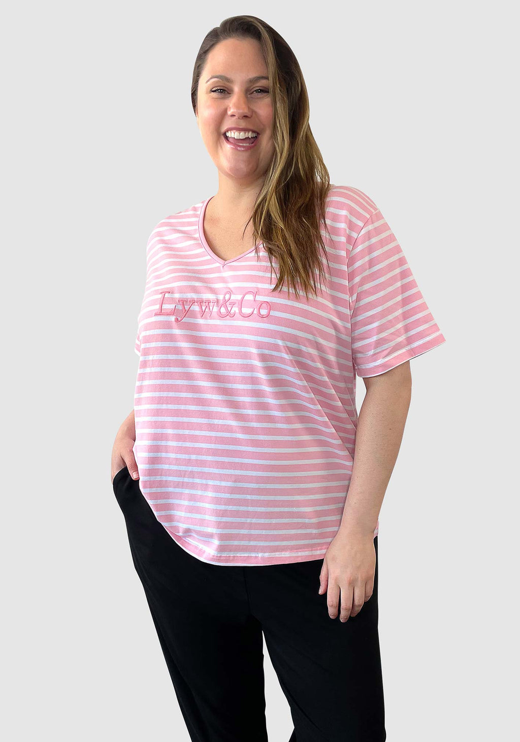 LYW & Co Embroidered Stripe Tee - Pink / White